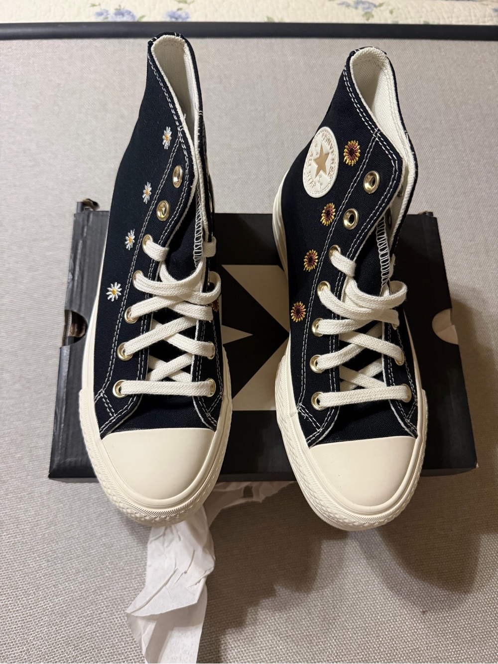 Converse Black High Top Sneakers with Daisy Embroidery